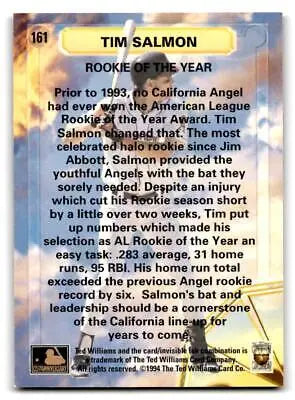 Tim Salmon rookie card from the 1994 Ted Williams trading cards collection