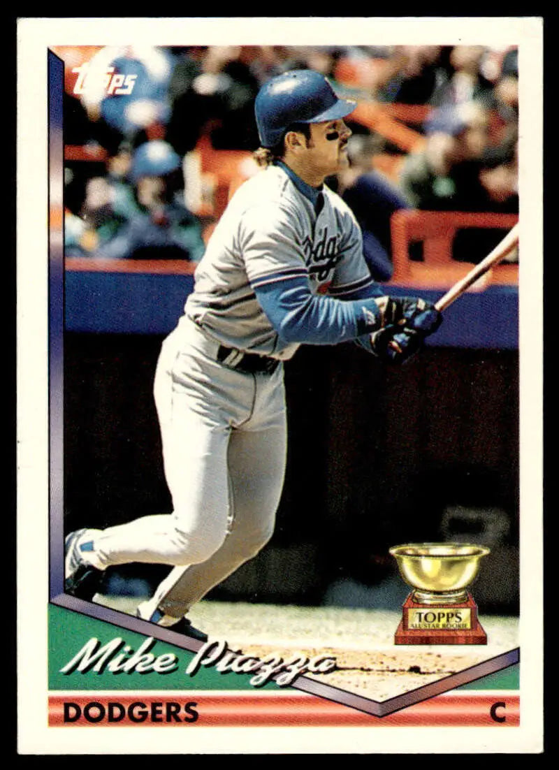 Mike Piazza at bat in white uniform on 1994 Topps Los Angeles Dodgers baseball card