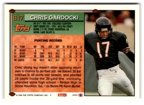 Chris Gardocki football card, 1994 Topps #617, original gloss, Excellent Bears