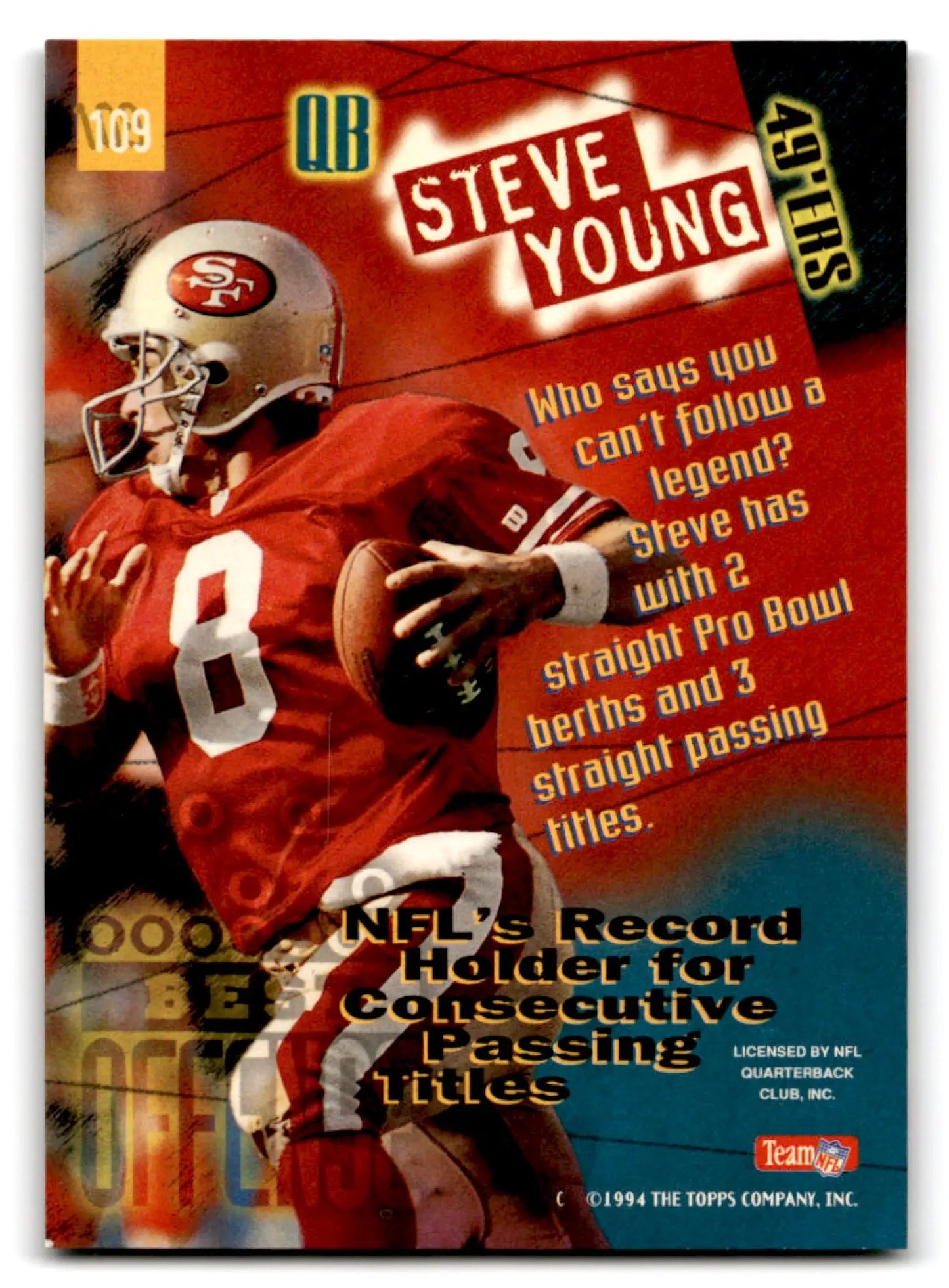 1994 Topps Football Stadium Club Steve Young trading card featuring San Francisco 49ers