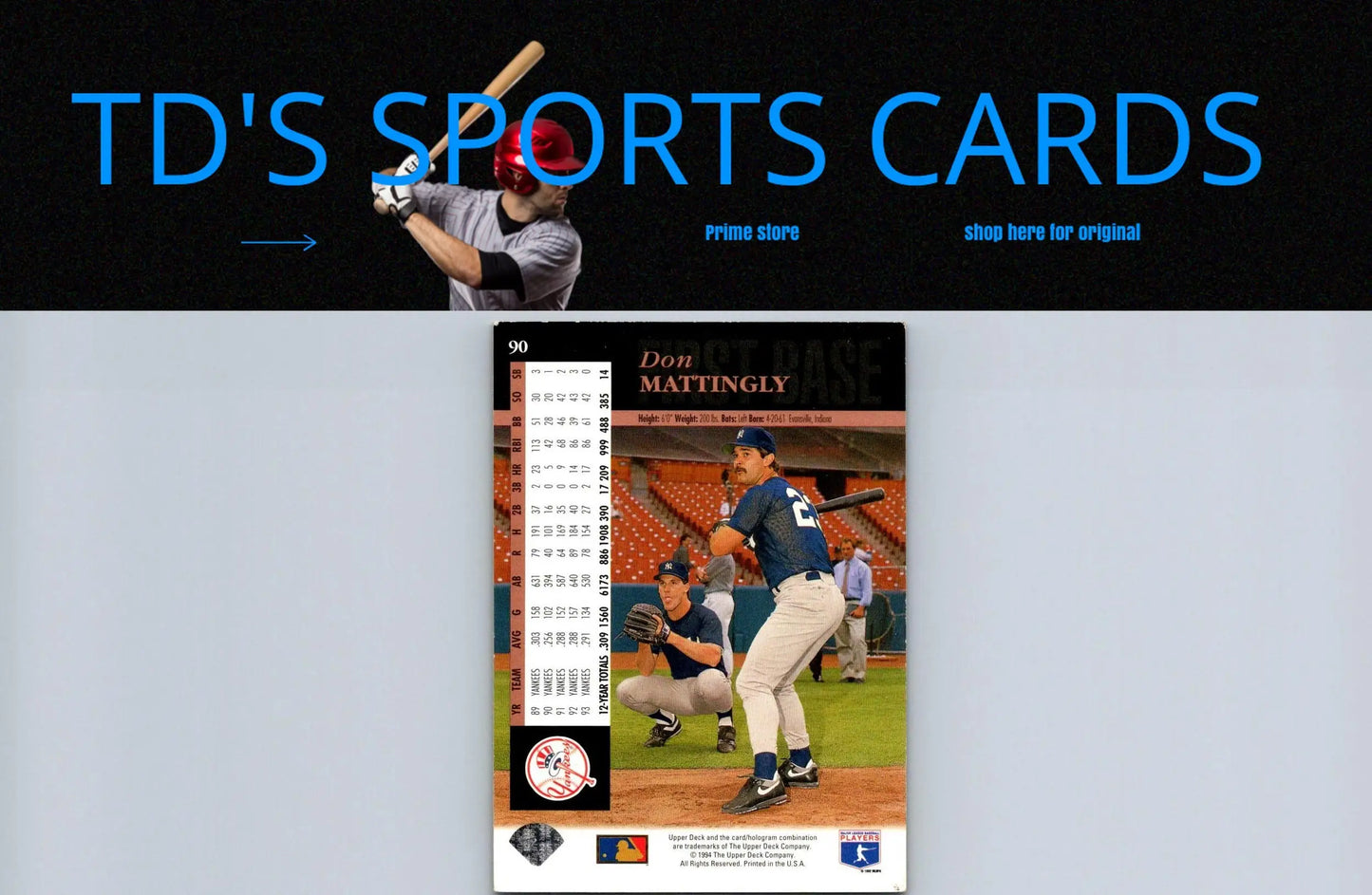 Don Mattingly 1994 Upper Deck #90 Trading Card featuring the baseball legend