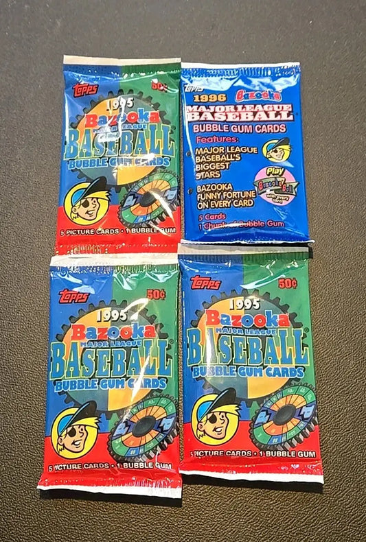 Vintage Bazooka MLB packs featuring 1995 and 1996 baseball card packs