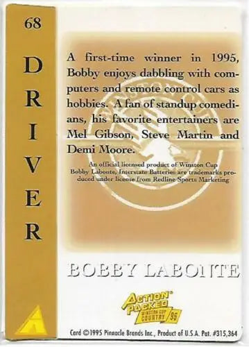 Bobby Labonte trading card featuring original gloss from 1995 Action Packed series