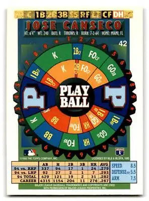 Circular baseball-themed spinning game wheel featuring PLAY BALL and Jose Canseco design