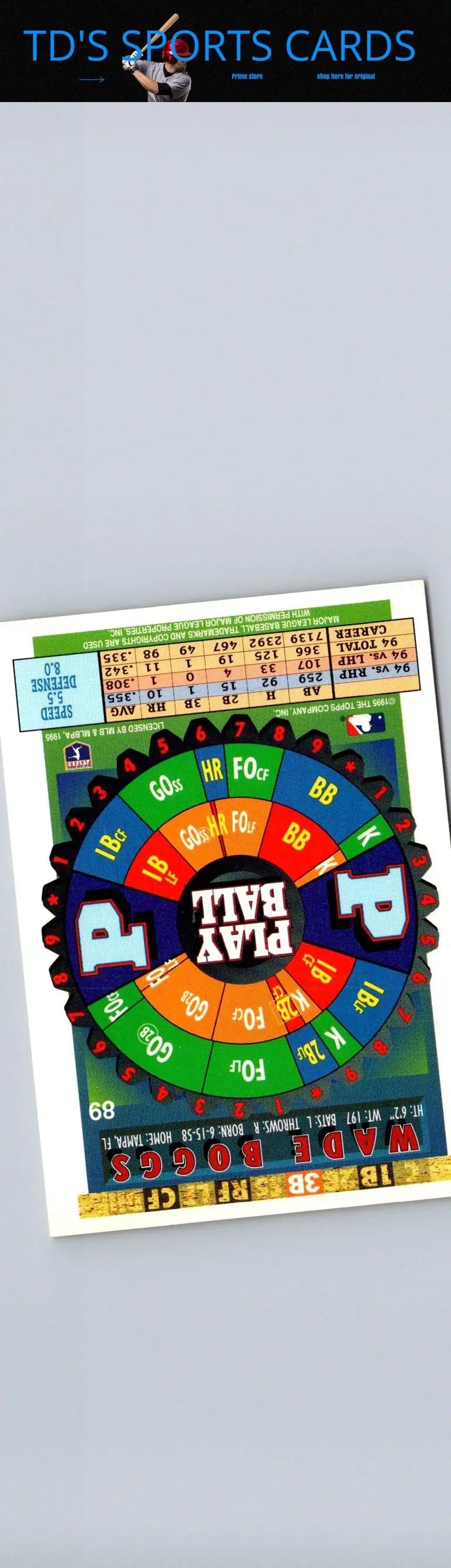 Vintage baseball themed Play Ball spinner game card featuring Wade Boggs from 1995 Bazooka