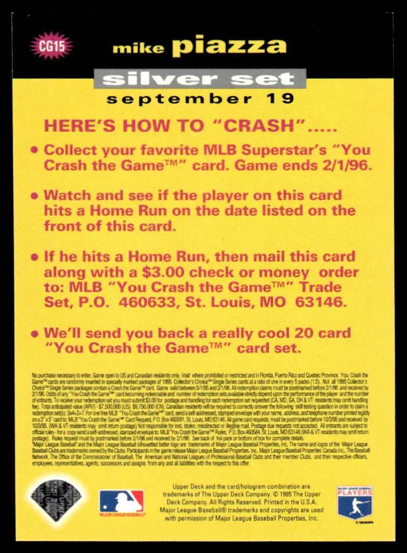 Yellow baseball card with instructions for Crash the Game promotion for Los Angeles Dodgers