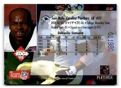 Sam Mills football card from 1995 Collector’s Edge with Mills Gold logo design