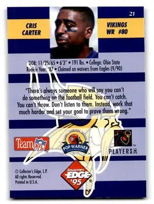 Cris Carter football card from 1995 Collector’s Edge Instant Replay #21 display