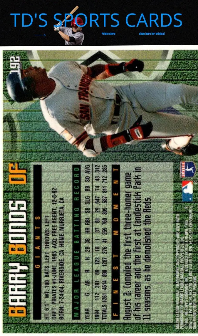 1995 Finest #192 Barry Bonds baseball card, a valuable collectible for trading cards enthusiasts
