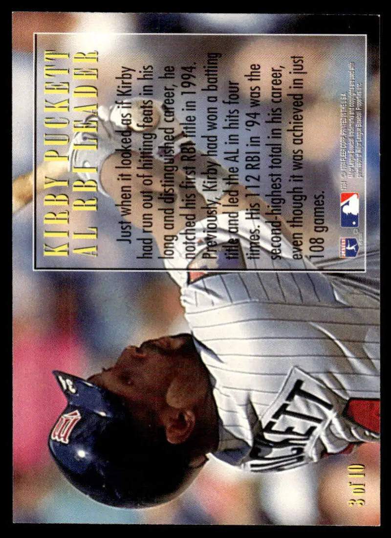 Baseball card of Kirby Puckett in batting stance for Minnesota Twins collectors