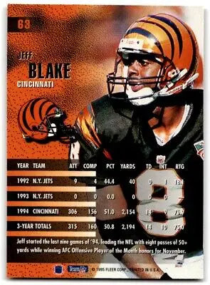 Jeff Blake football card from 1995 Fleer Cincinnati Bengals #63, text-align center design
