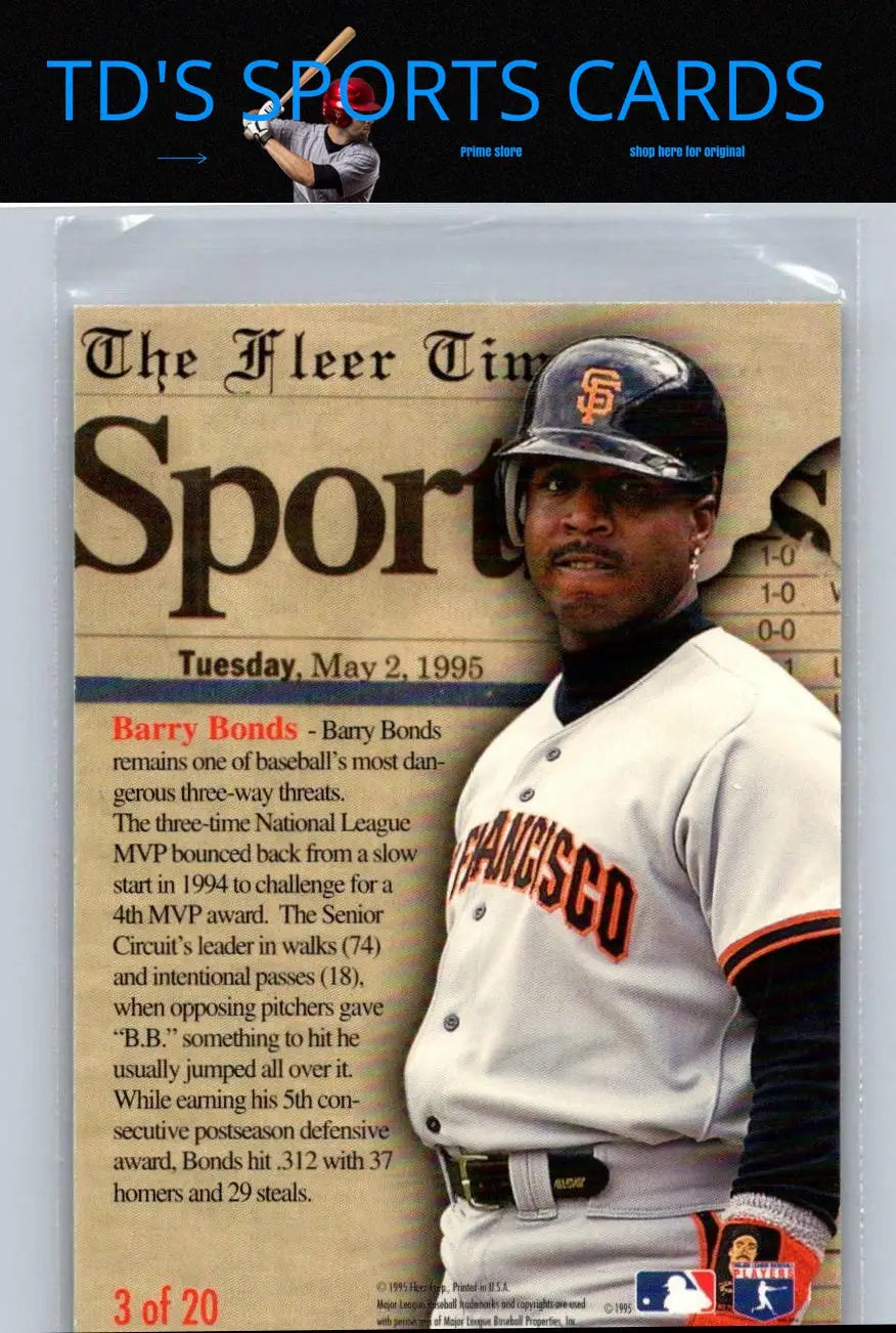 Barry Bonds baseball card from 1995 Fleer Update #3 Barry Bonds Headliners collection