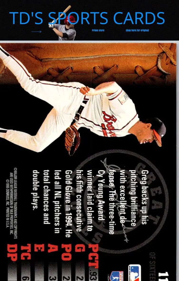 1995 Leaf #11 Greg Maddux Great Gloves baseball card featuring pitcher Greg Maddux