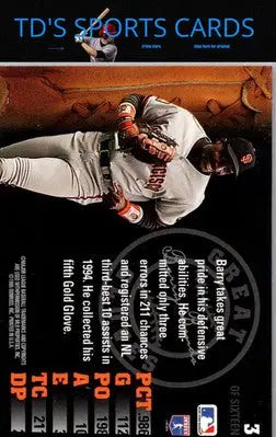 Back of 1995 Leaf #3 Baseball Card featuring Barry Bonds Great Gloves collectible