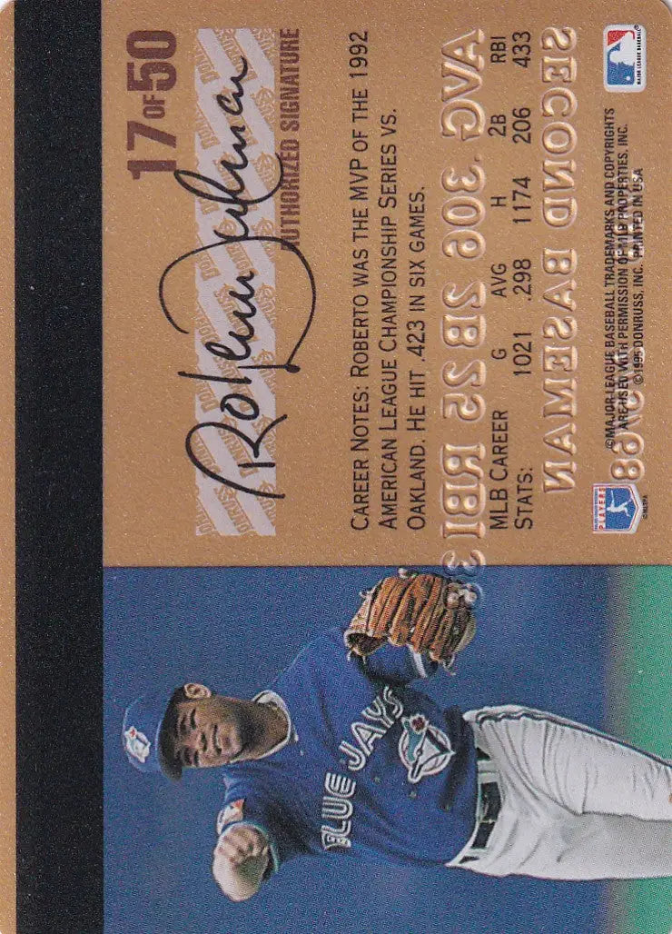 Baseball card featuring Roberto Alomar in Toronto Blue Jays gold credit design