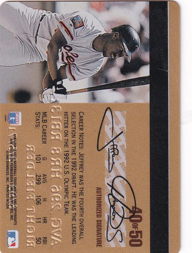 Baseball trading card of Jeffery Hammonds in 1995 Leaf Studio Baseball Gold Credit design