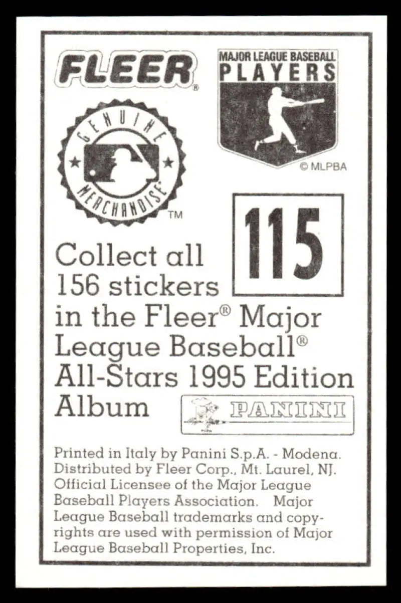 Back of 1995 Panini Stickers #115 Tony Gwynn San Diego Padres Baseball Card