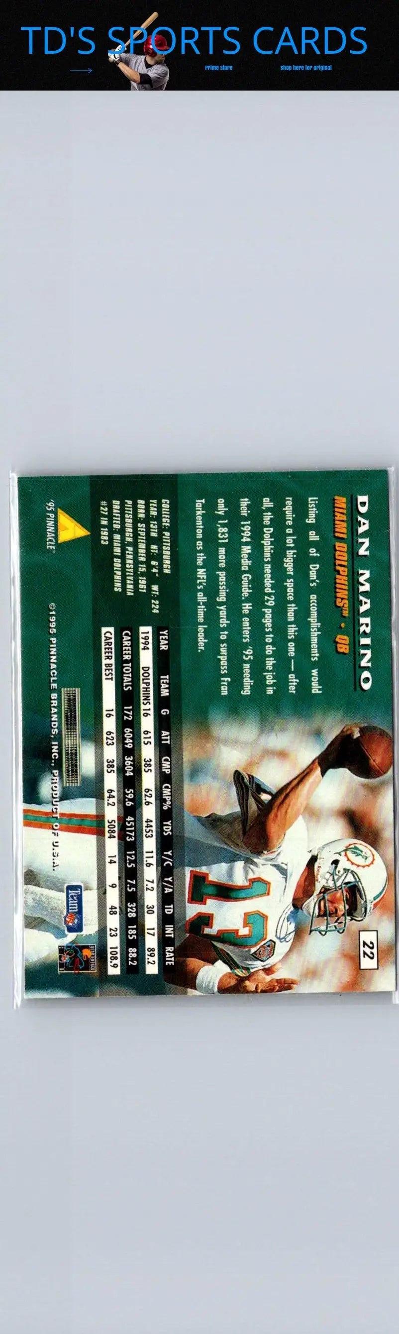 1995 Pinnacle Dan Marino football card showcasing NFL legend collectible item