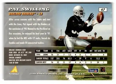 1995 Pinnacle #47 Pat Swilling football trading card featuring the NFL star