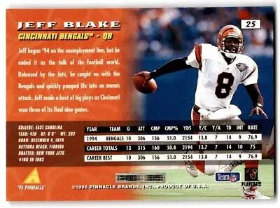 Jeff Blake football card from 1995 Pinnacle Cincinnati Bengals #25 displayed text-align center