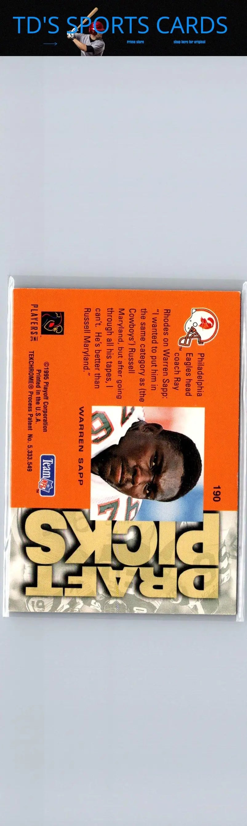 Football draft picks card featuring Warren Sapp from 1995 Playoff Absolute trading cards