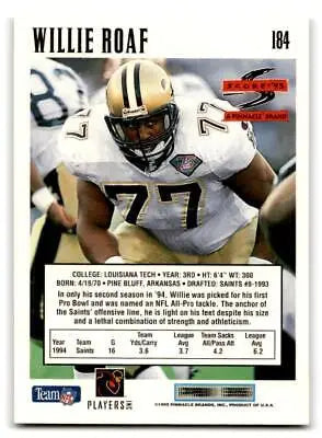 Willie Roaf trading card from the 1995 Score #184 collection showcasing NFL star