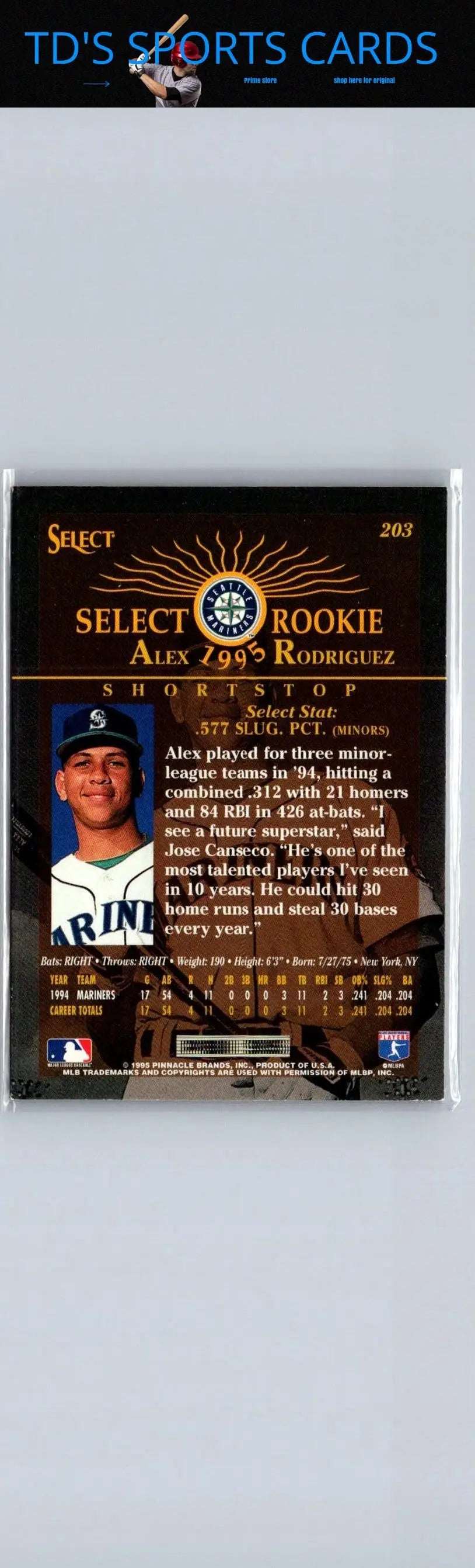 1995 Select #203 Alex Rodriguez rookie baseball card for trading cards collectors