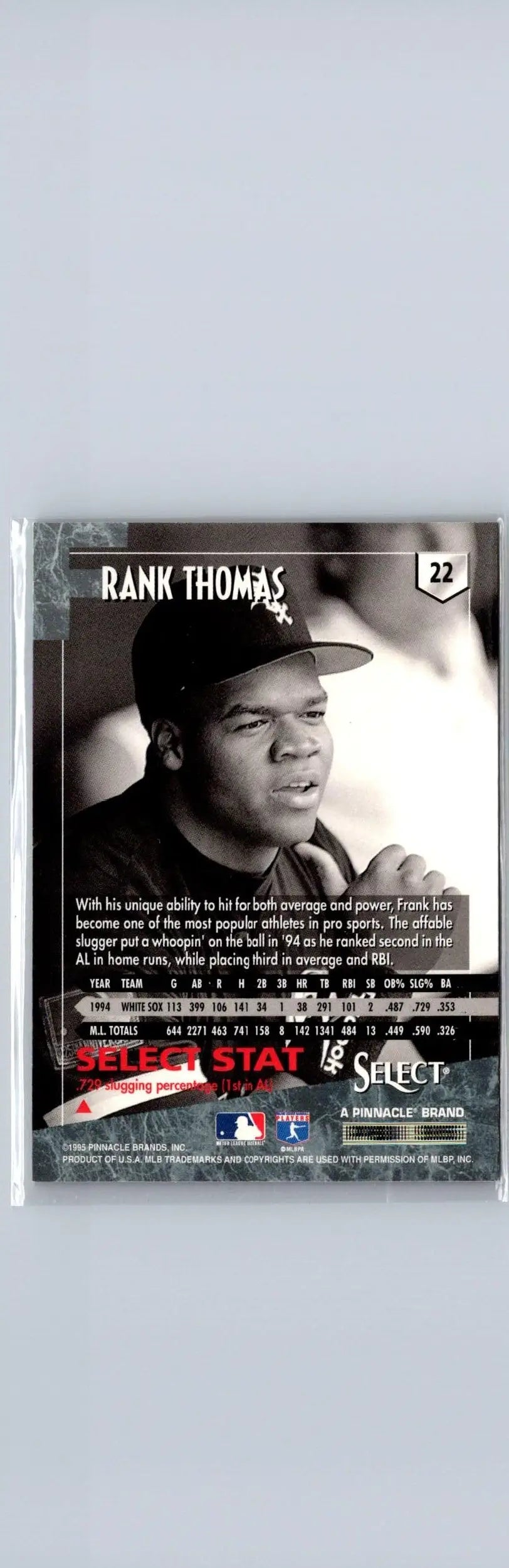 Baseball trading card of Frank Thomas from 1995 Select #22 product