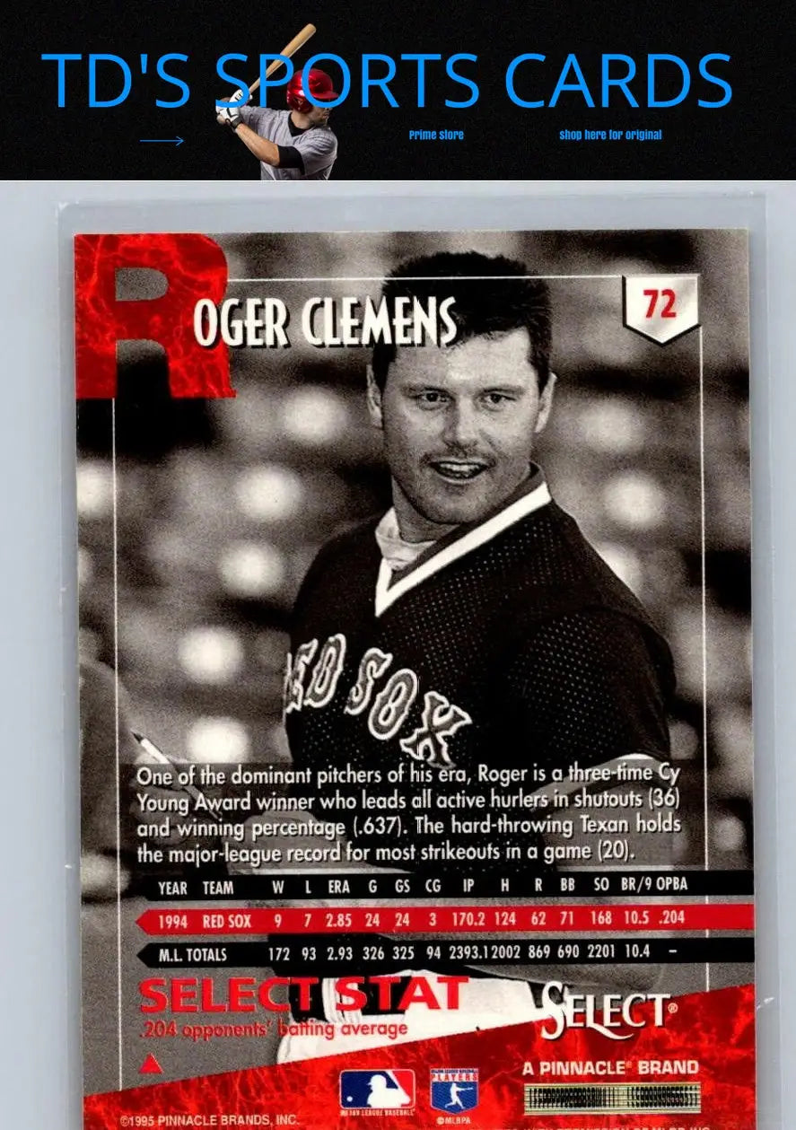1995 Select #72 Roger Clemens Artist’s Proofs baseball card for trading card collectors