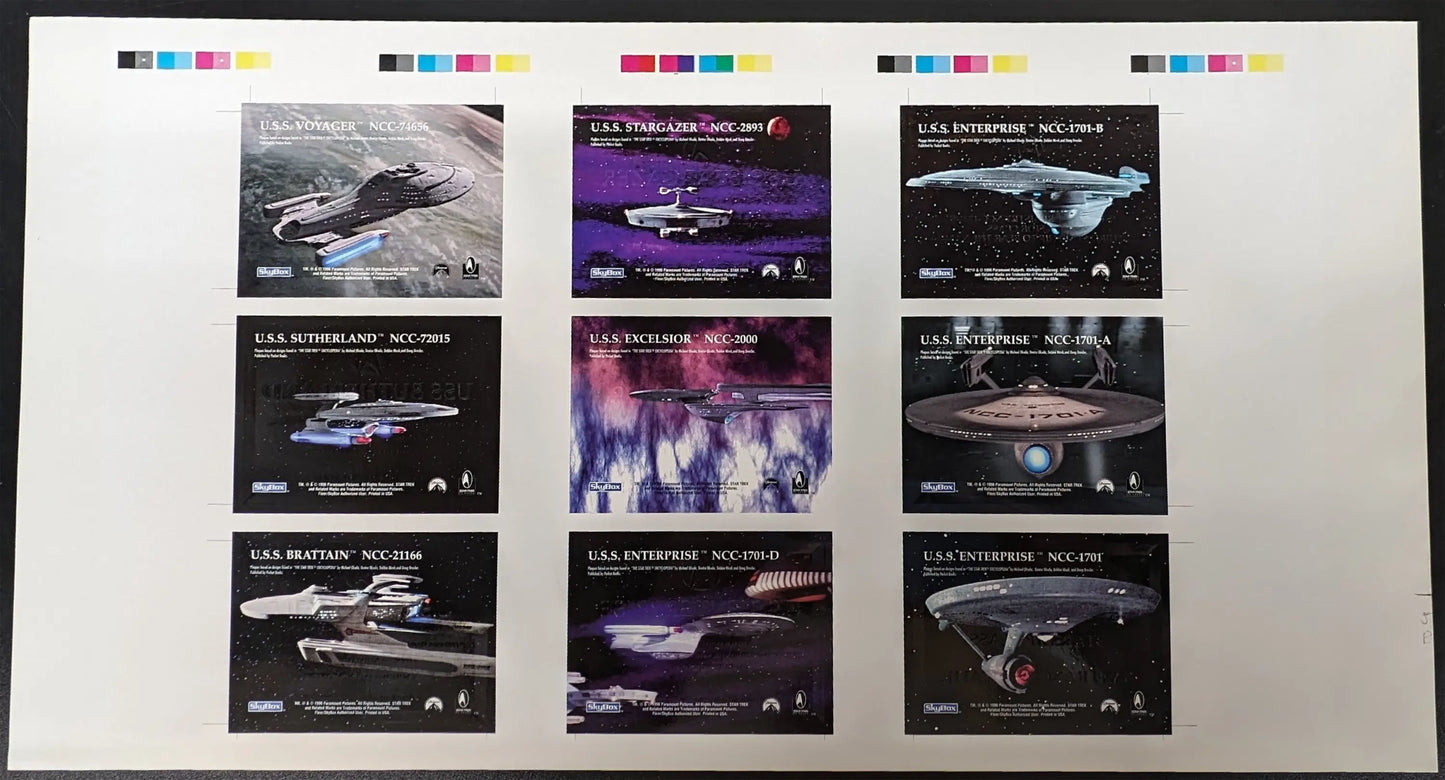 Collection of Star Trek ship registry plaques in uncut sheet format arranged in a grid