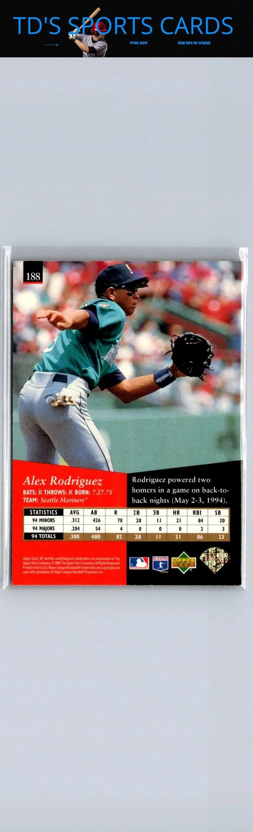 Alex Rodriguez baseball card from 1995 SP #188 for trading card collectors
