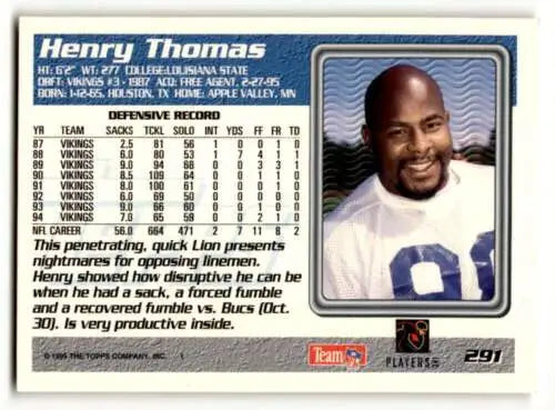 Henry Thomas Detroit Lions football card with original gloss from 1995 Topps #291