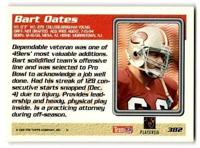 Football trading card of Bart Oates in red and white uniform, 1995 Topps #382