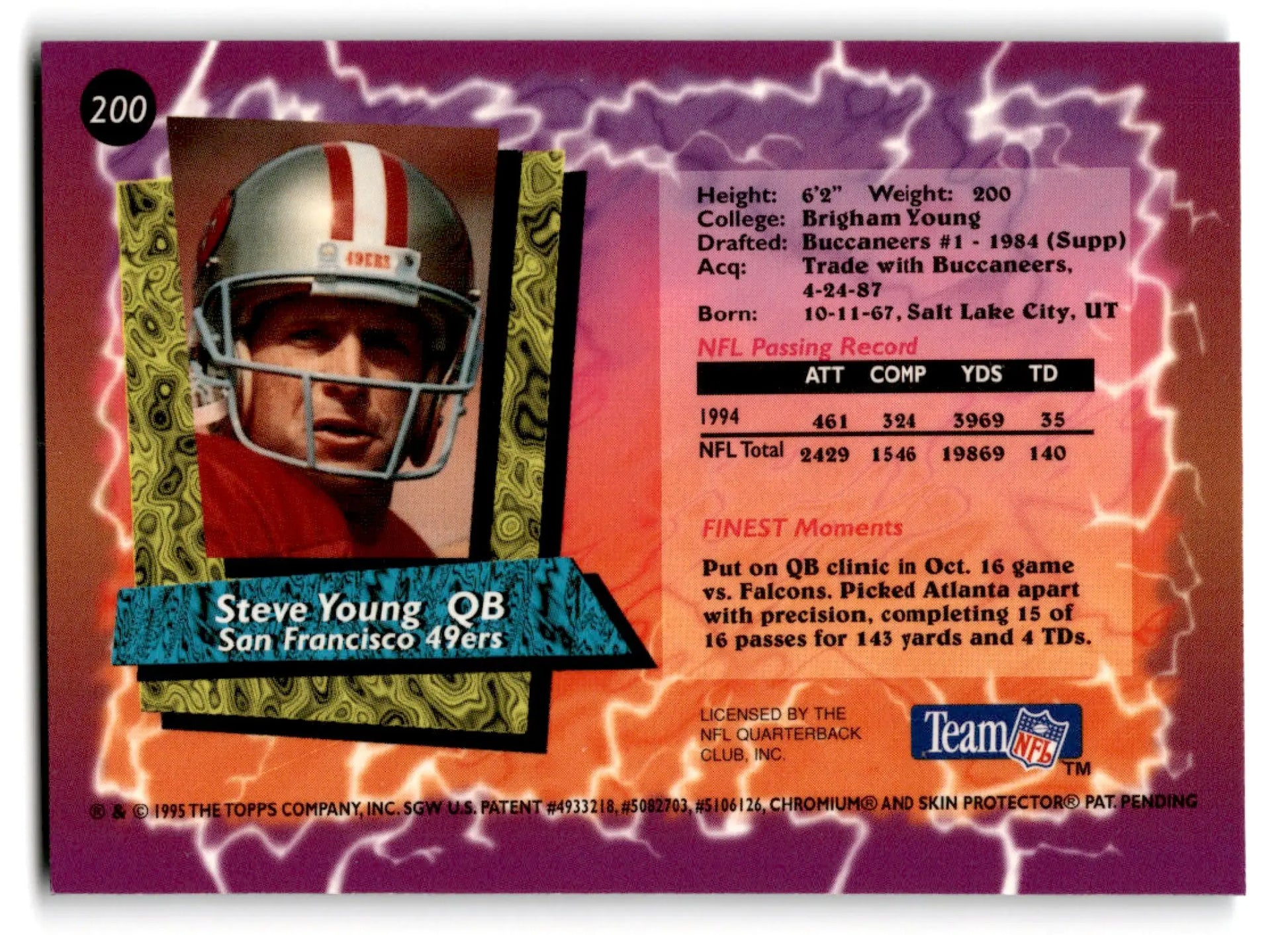 1995 Topps Football Finest Steve Young card featuring San Francisco 49ers team logo