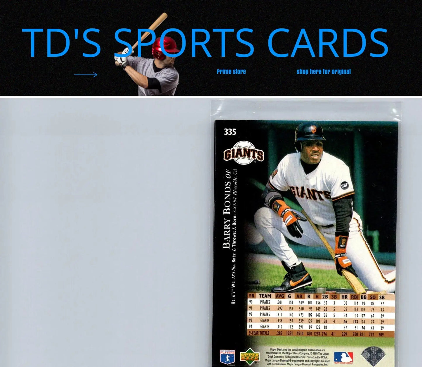Barry Bonds 1995 Upper Deck #335 trading card featuring MLB superstar
