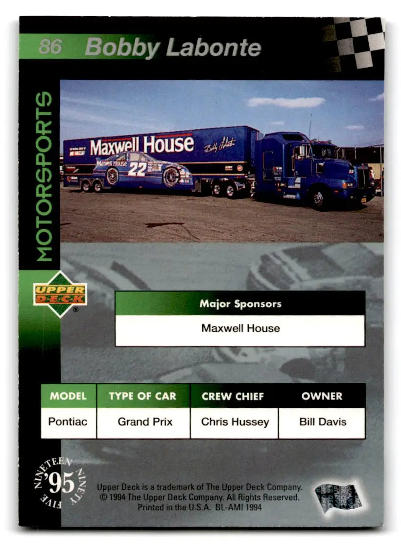 1995 Upper Deck #86 Bobby Labonte Silver Signature / Electric Silver - Trading Cards