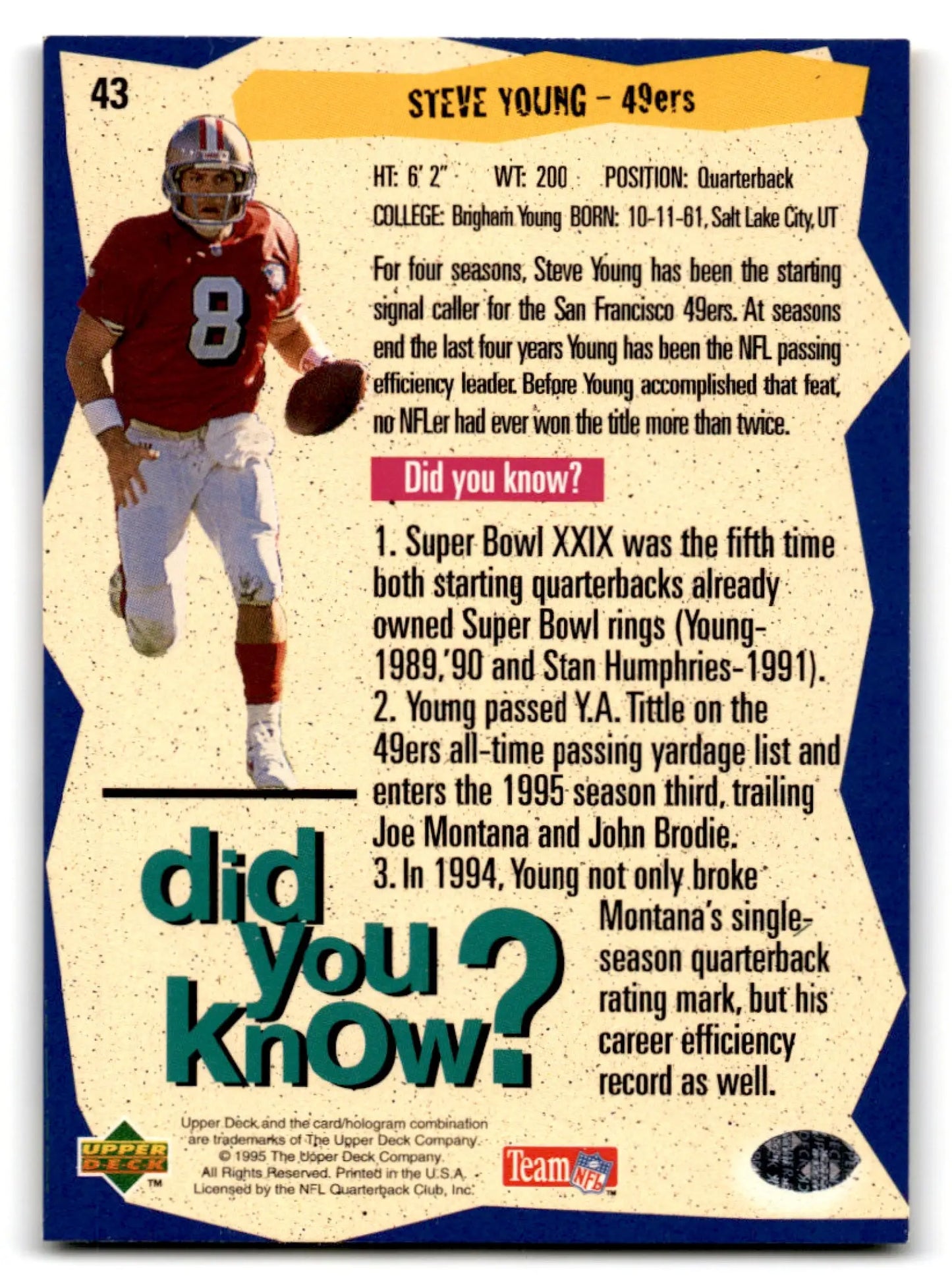 Vintage 1995 Upper Deck Collector’s Choice Steve Young Player’s Club football card