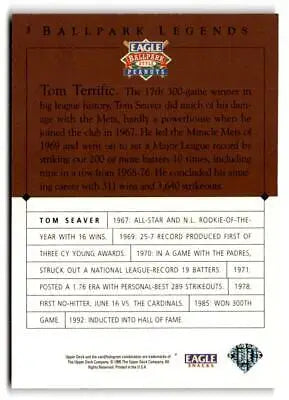 Baseball card back of 1995 Upper Deck Eagle Peanuts Legends #3 Tom Seaver