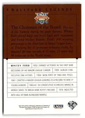 Baseball card back of 1995 Upper Deck Eagle Peanuts Legends Whitey Ford collectible