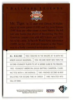 Back of 1995 Upper Deck Eagle Peanuts Legends #7 Al Kaline baseball card