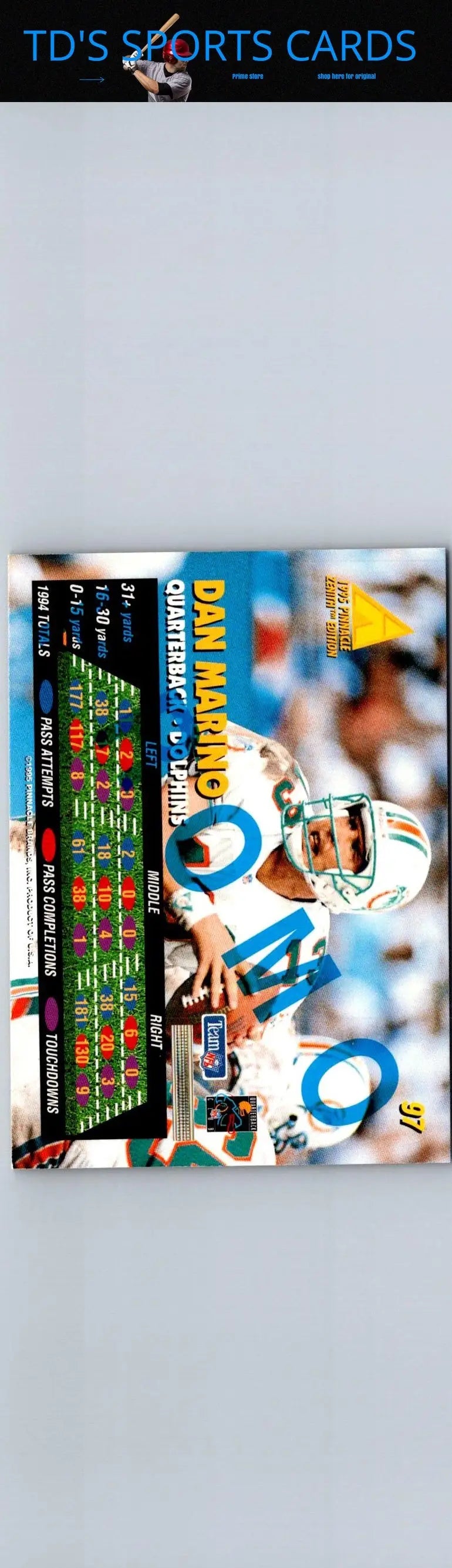 1997 Fleer Sports Card of Dan Marino with career stats, part of Marino promos collection