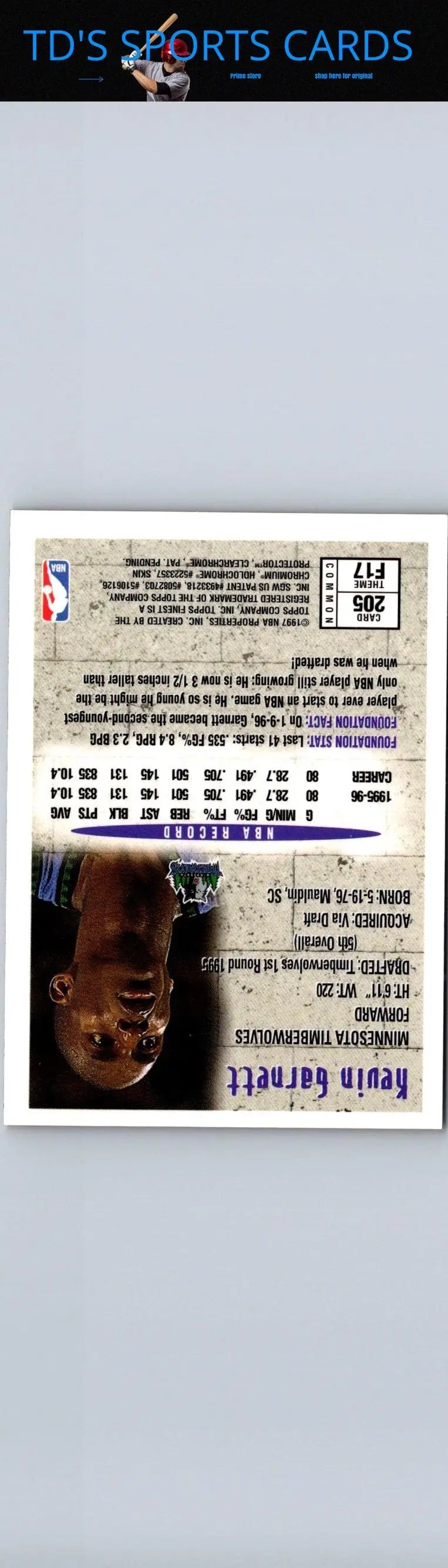 1996-97 Finest #205 Kevin Garnett trading card for basketball card collectors