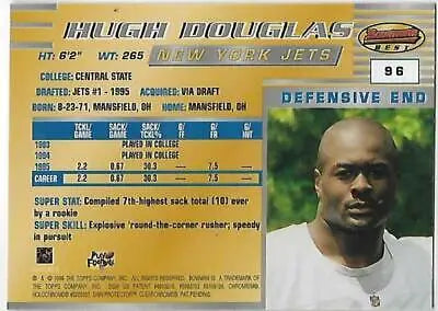 1996 Bowman’s Best #96 Hugh Douglas football card with original gloss from NY Jets collection