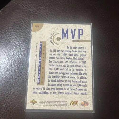 Barry Sanders MVP trading card from 1996 Collector’s Choice Gold Foil HOF edition