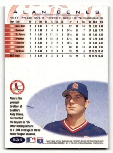1996 Fleer #539 Alan Benes baseball card with original gloss, NM-MT condition