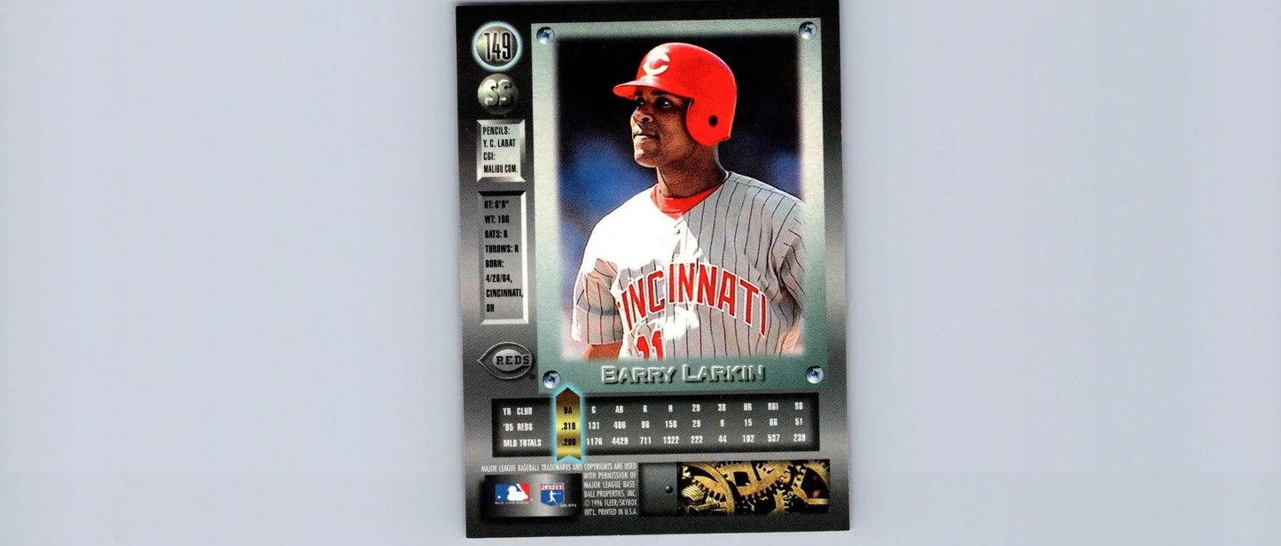 Barry Larkin trading card from 1996 Metal Universe #149 showcasing the baseball legend