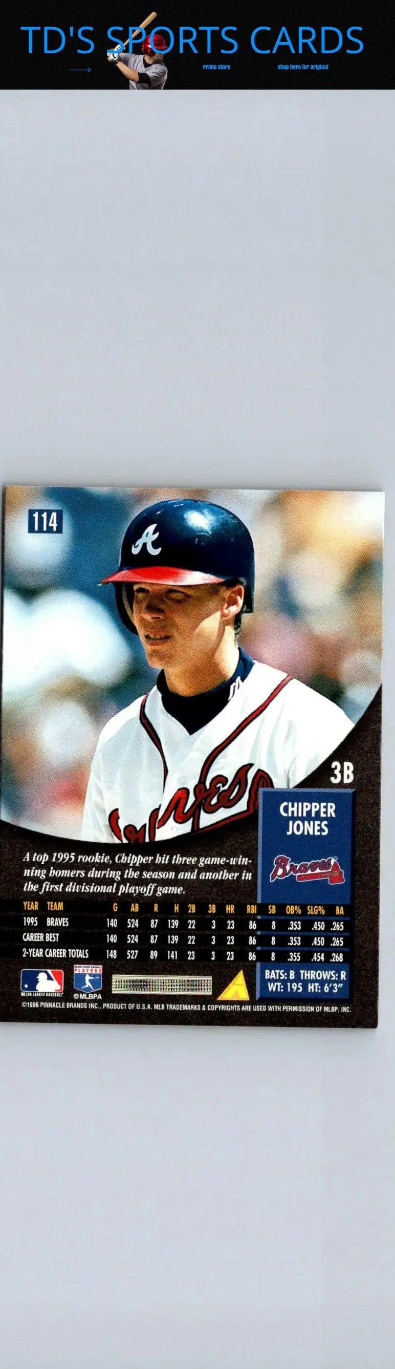 Chipper Jones baseball card from 1996 Pinnacle series displaying collectible card