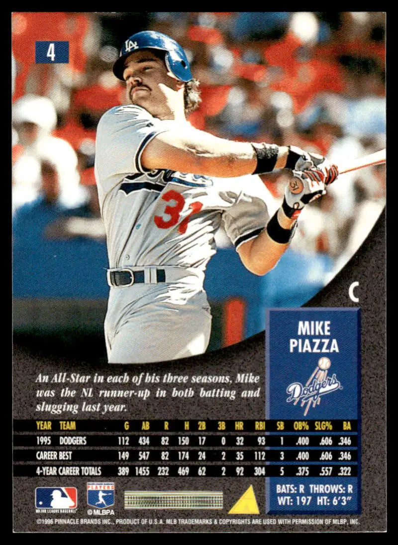 Baseball card of Mike Piazza mid-swing representing Los Angeles Dodgers