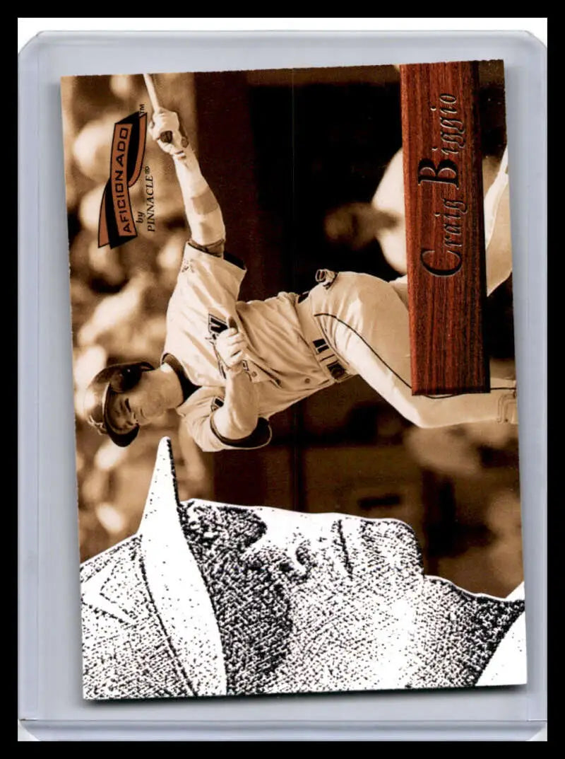 Sepia-toned Craig Biggio in mid-pitching motion on Pinnacle Aficionado baseball card