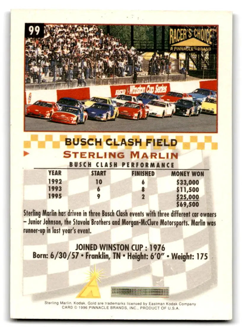1996 Pinnacle Racer’s Choice #99 Sterling Marlin - Trading Card